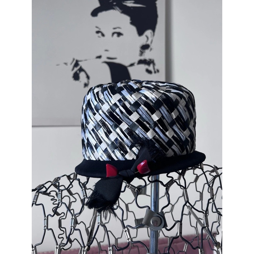 Vintage Woven Straw Pillbox‎ Hat Navy Blue White Bow Red Buttons 1960s Style
